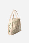 Side view of The AURA Canvas Tote showing AURA Skypool logo printed along the panel