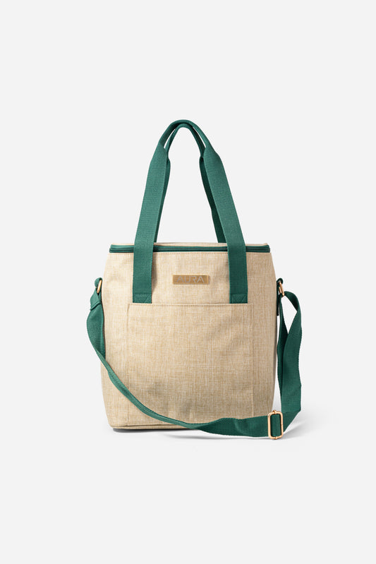 AURA Cooler Bag in beige canvas with green handles and adjustable crossbody strap, front view