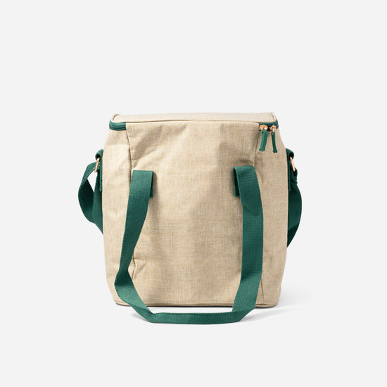 Back view of AURA Cooler Bag showing green canvas straps and top zip closure