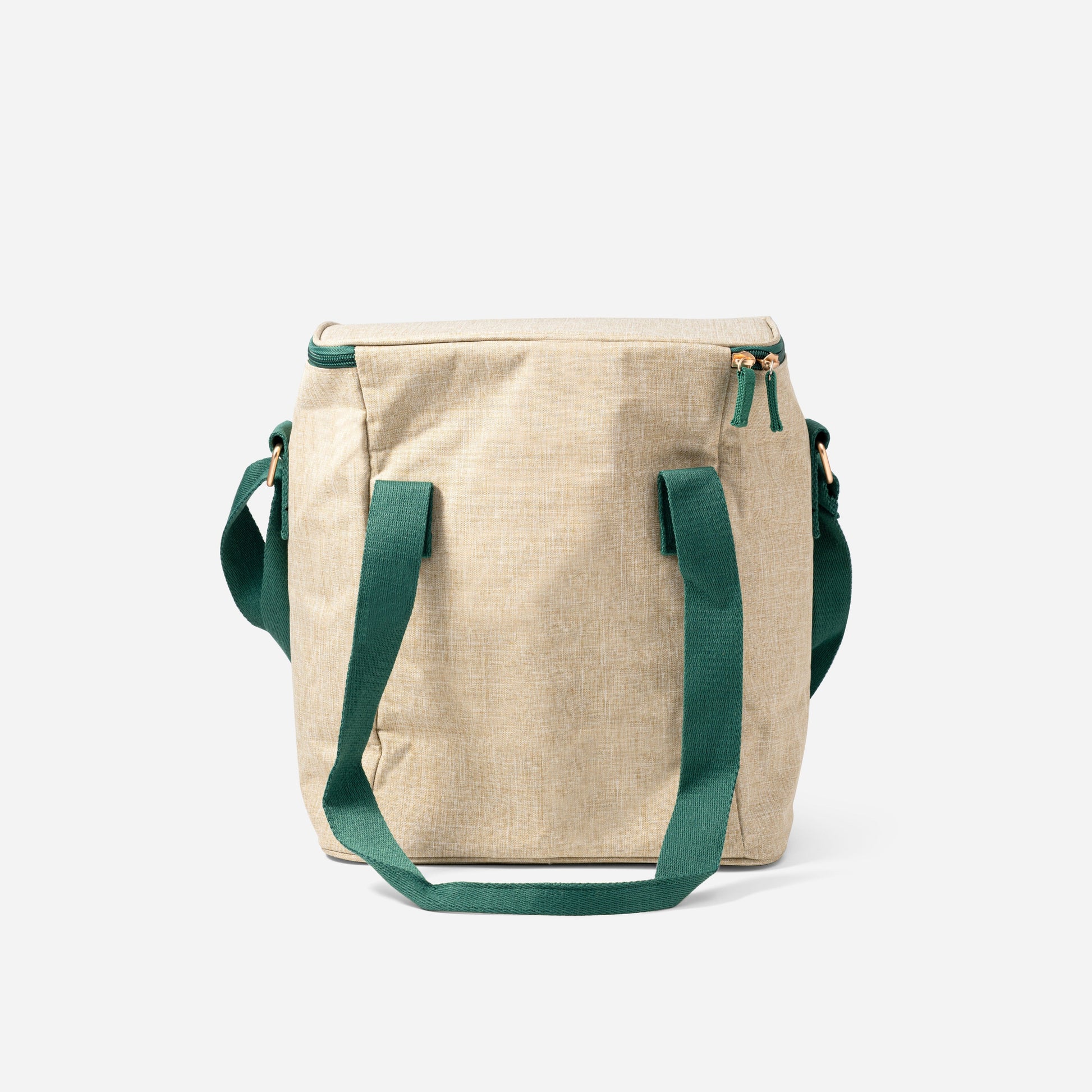 Back view of AURA Cooler Bag showing green canvas straps and top zip closure