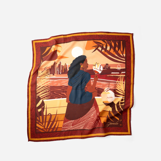 AURA Loves Jamelia Silk Mini Scarf, full flat lay of the Jamelia capsule artwork
