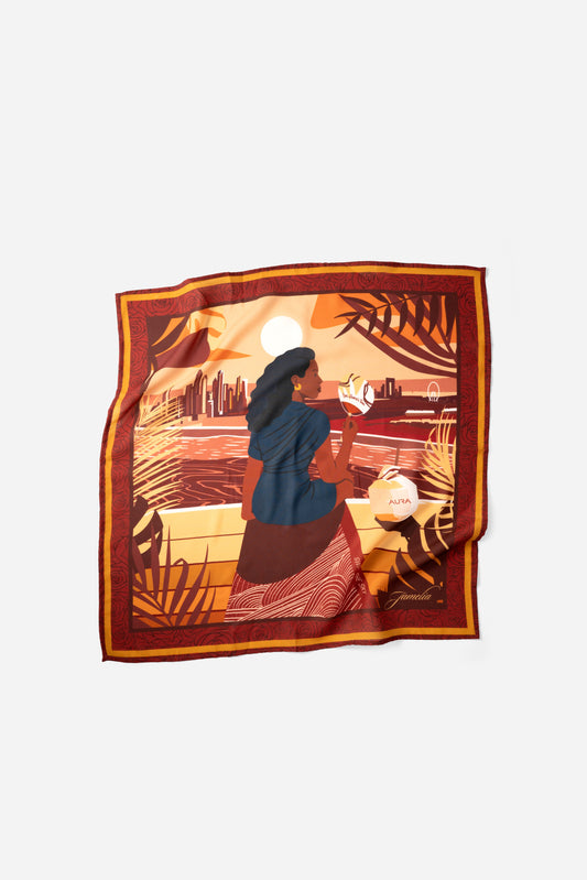 AURA Loves Jamelia Silk Mini Scarf, full flat lay of the Jamelia capsule artwork