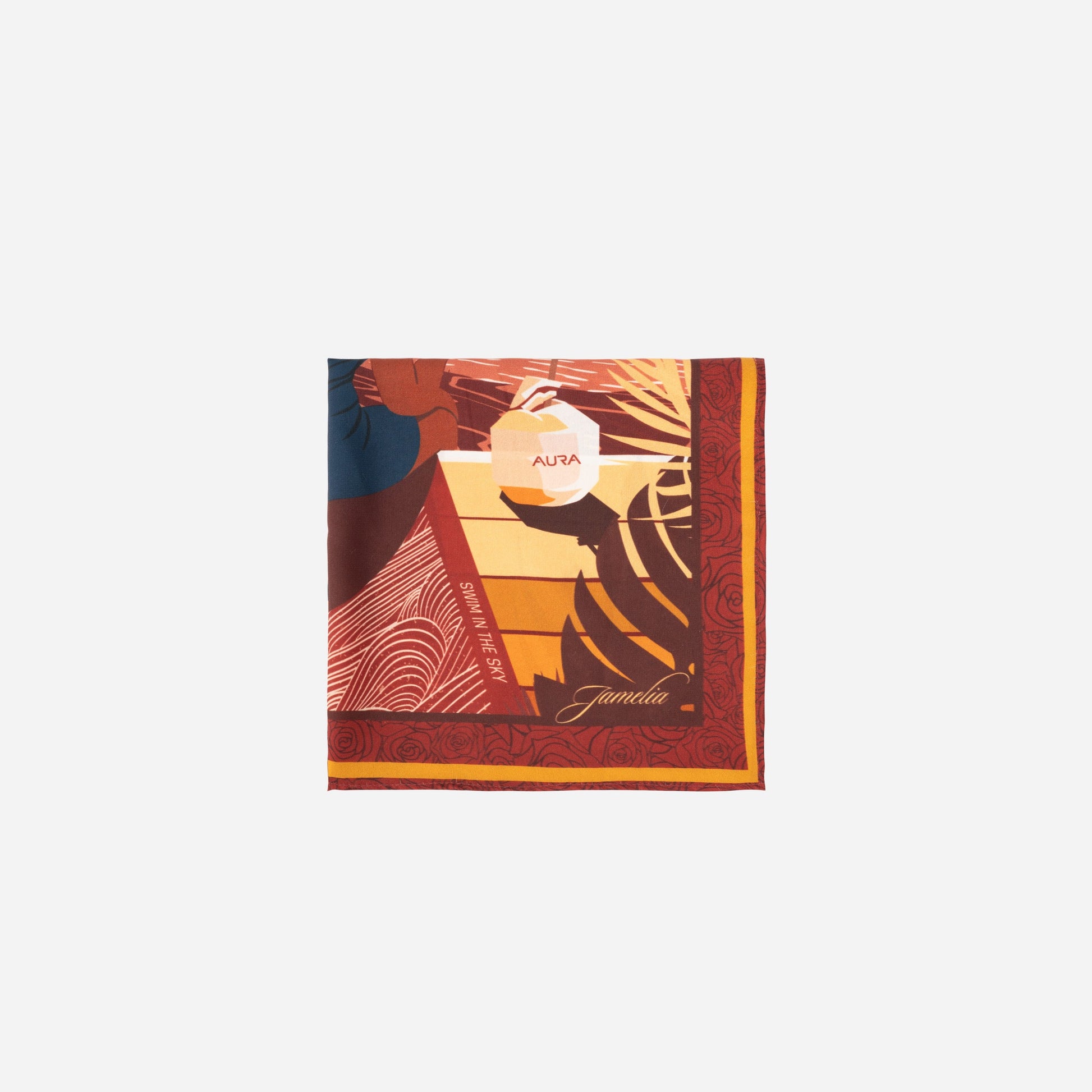 AURA Loves Jamelia Silk Mini Scarf, cropped flat lay showing the Jamelia signature