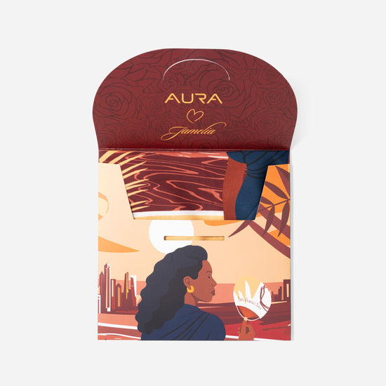 AURA Loves Jamelia Silk Mini Scarf, packaging sleeve with AURA Loves Jamelia branding