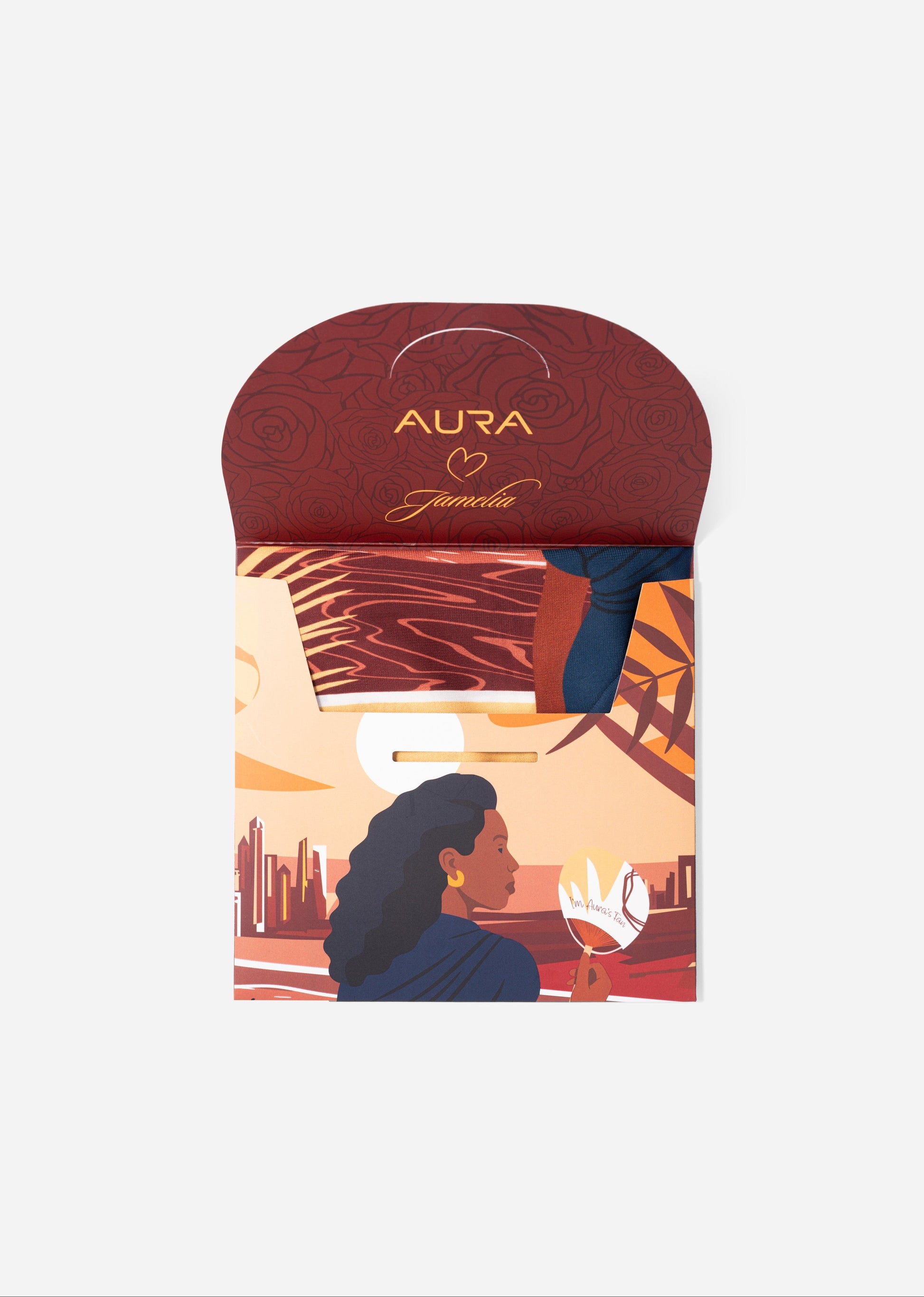 AURA Loves Jamelia Silk Mini Scarf, packaging sleeve with AURA Loves Jamelia branding