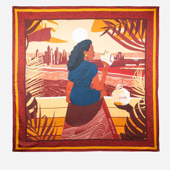 AURA Loves Jamelia Silk Scarf, full flat lay of the Jamelia capsule artwork