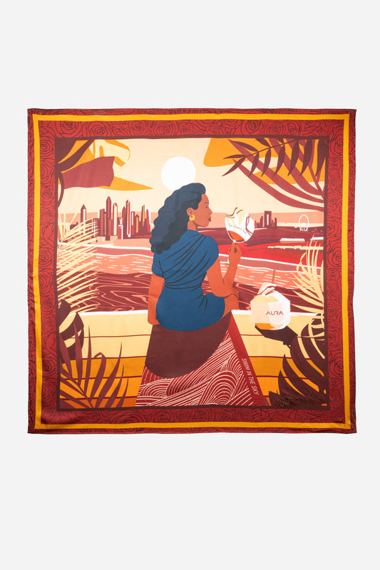 AURA Loves Jamelia Silk Scarf, full flat lay of the Jamelia capsule artwork