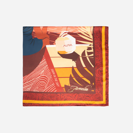 AURA Loves Jamelia Silk Scarf, cropped flat lay showing the Jamelia signature detail