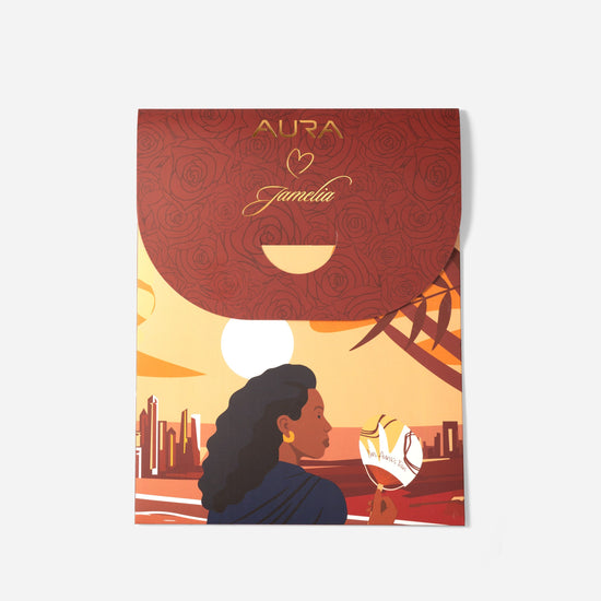 AURA Loves Jamelia Silk Scarf, packaging sleeve front with illustrated artwork