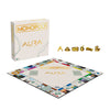 AURA Monopoly board game box, gold custom tokens and game board on display