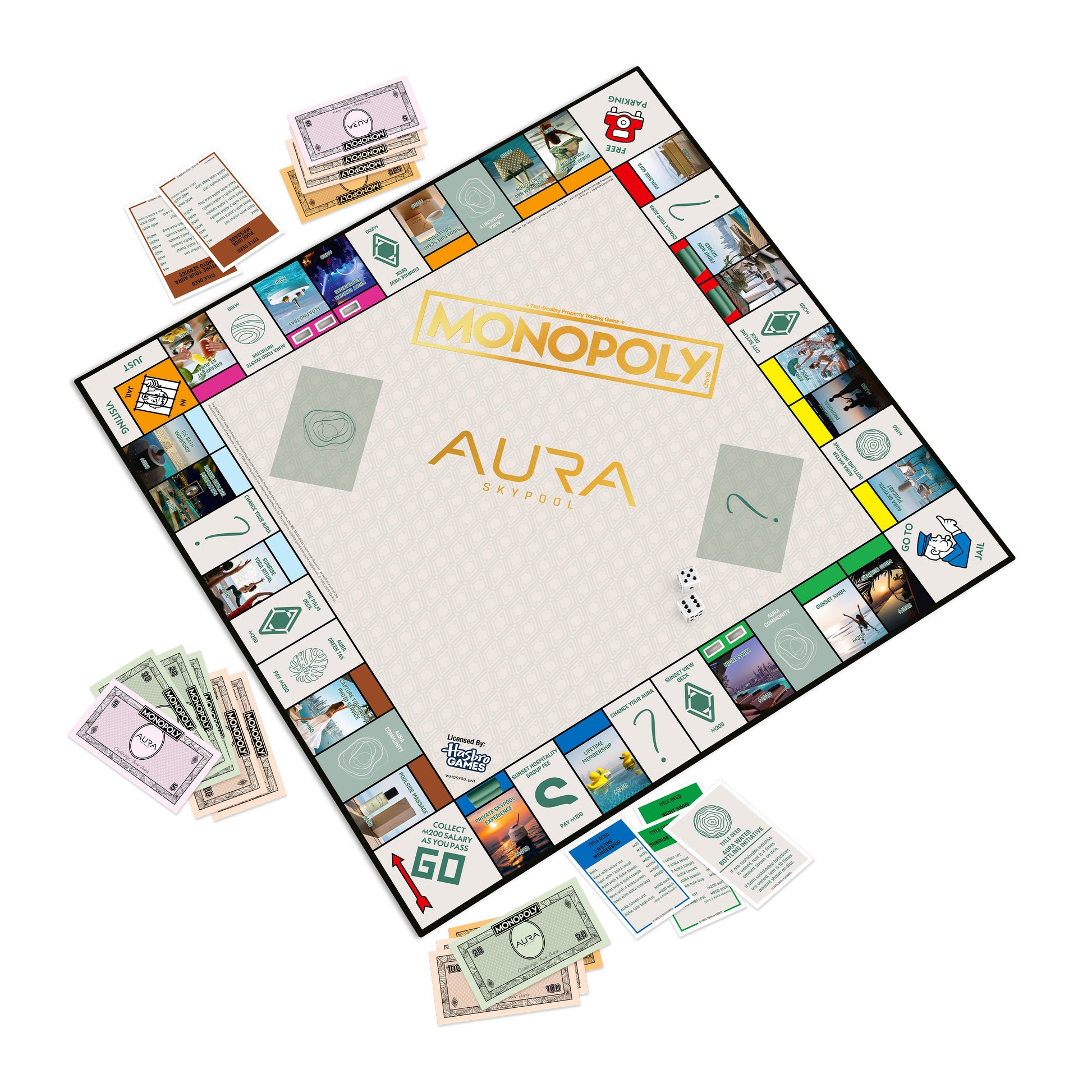 AURA Monopoly board laid out with custom cash, cards and dice