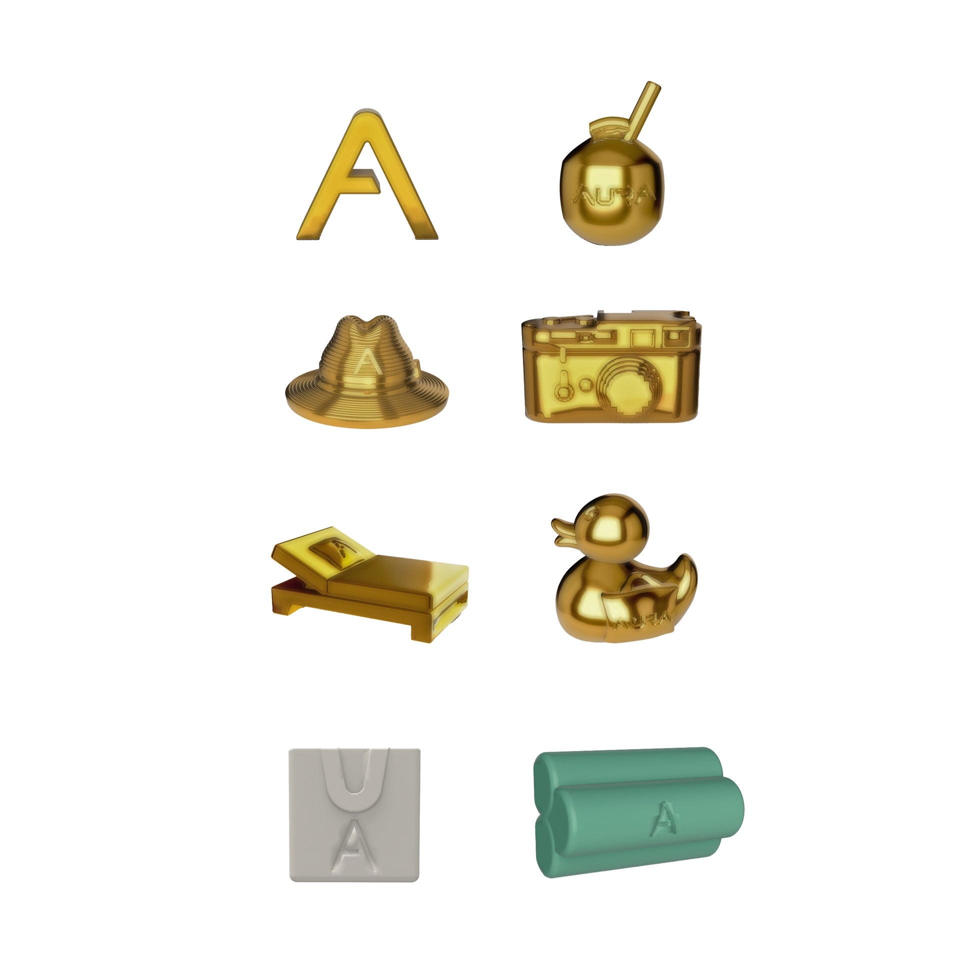 AURA Monopoly gold tokens: A monogram, cocktail, sun hat, camera, lounger and rubber duck