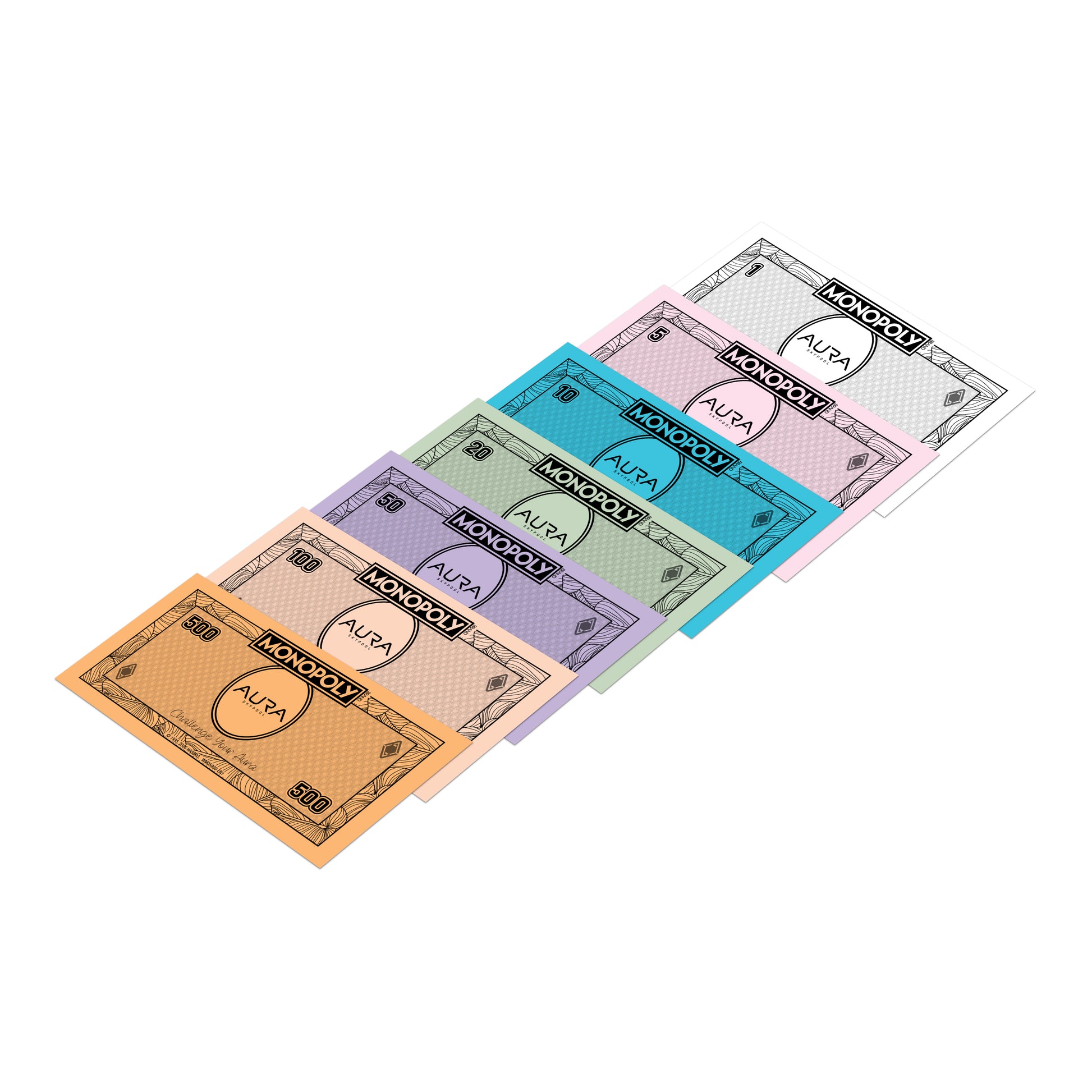 AURA Monopoly custom cash in six denominations from 1 to 500
