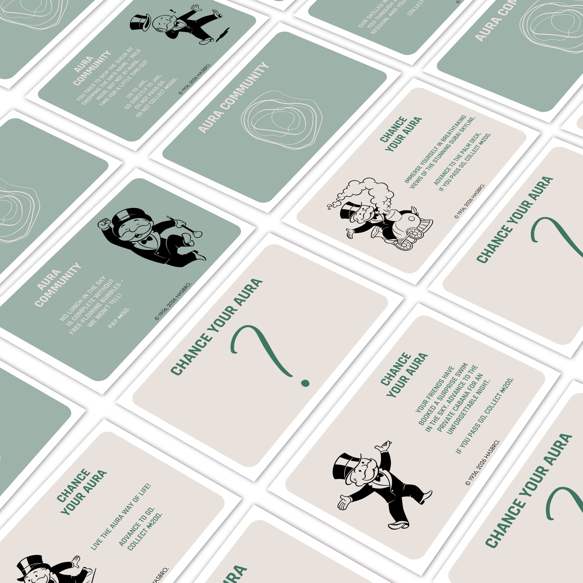 AURA Monopoly 'Chance Your AURA' and 'AURA Community' cards close-up