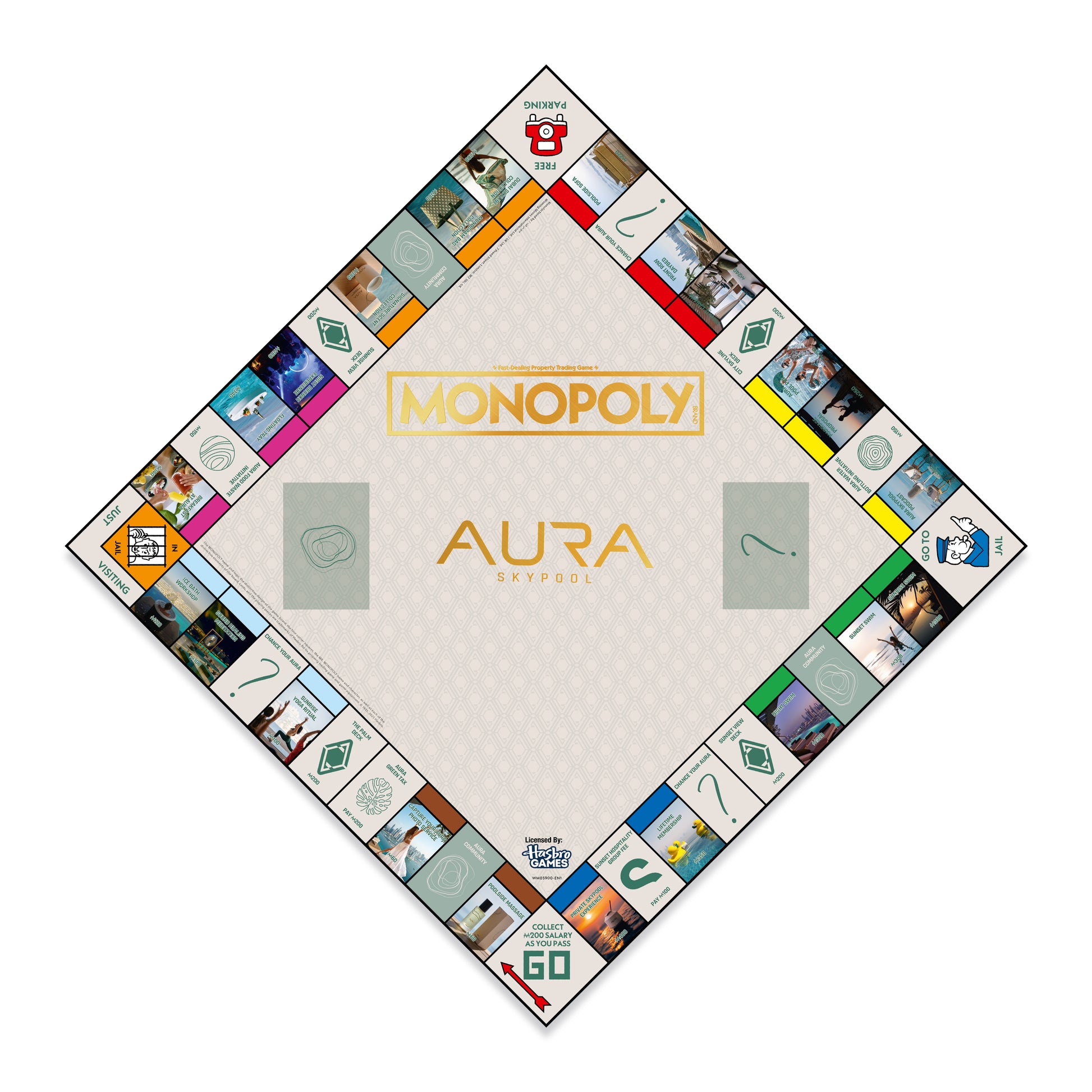 AURA Monopoly board top-down view with AURA Skypool branding at centre