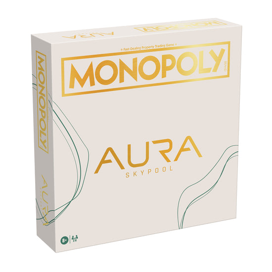 AURA Monopoly board laid out with custom cash, cards and dice