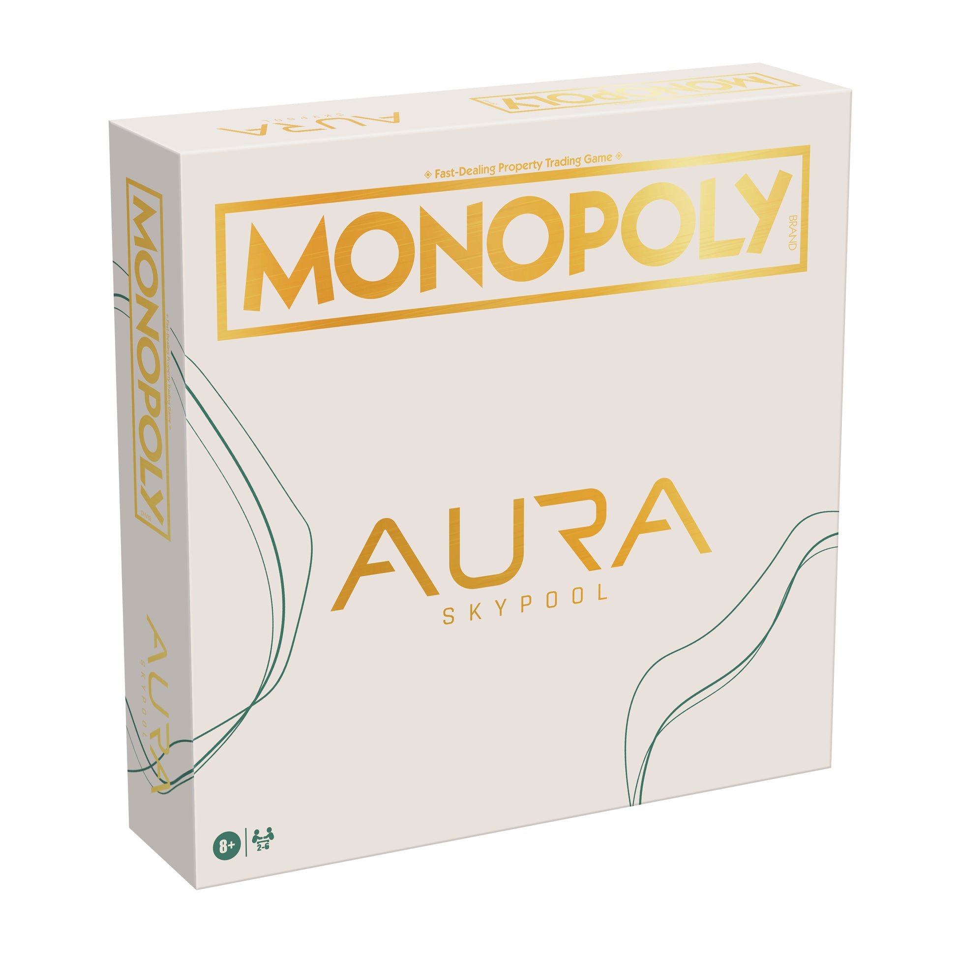 AURA Monopoly board laid out with custom cash, cards and dice