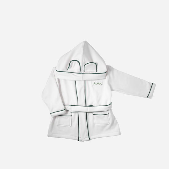 AURA baby bathrobe in white with green piping and hooded ear detail