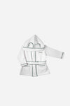 AURA baby bathrobe in white with green piping and hooded ear detail