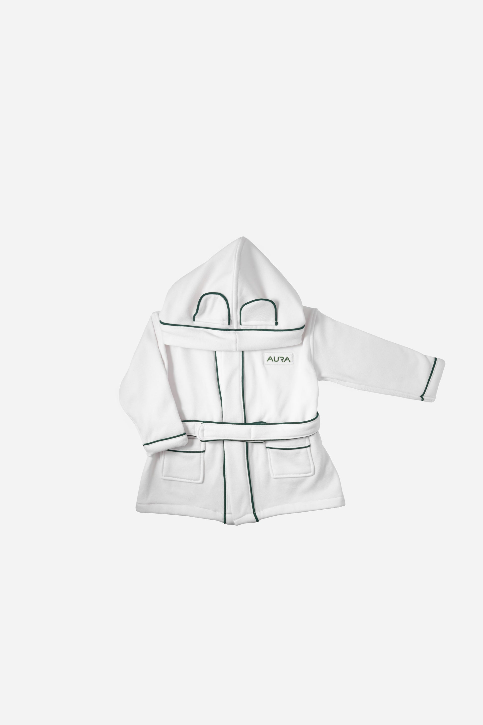AURA baby bathrobe in white with green piping and hooded ear detail