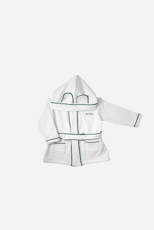 AURA baby bathrobe in white with green piping and hooded ear detail