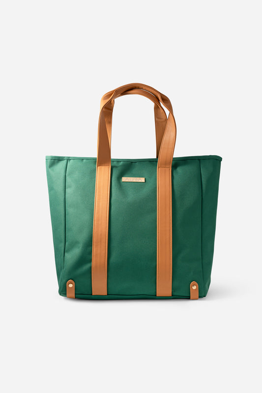 AURA Beach Bag in Palm Green with tan leather handles and gold-tone AURA plate, front view