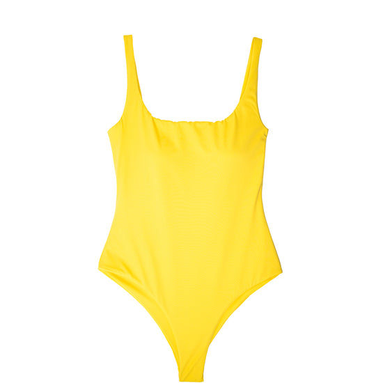 AURA Calypso one-piece swimsuit in citrus yellow with square neckline