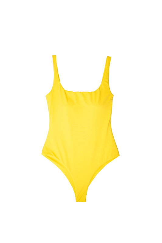 AURA Calypso one-piece swimsuit in citrus yellow with square neckline