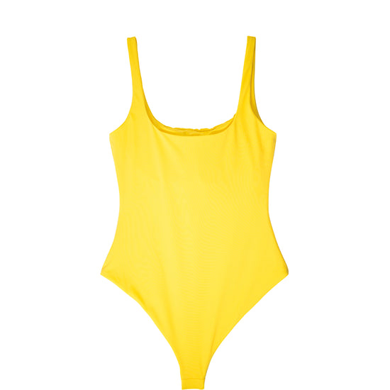 Calypso citrus yellow swimsuit front view showing high-cut leg line