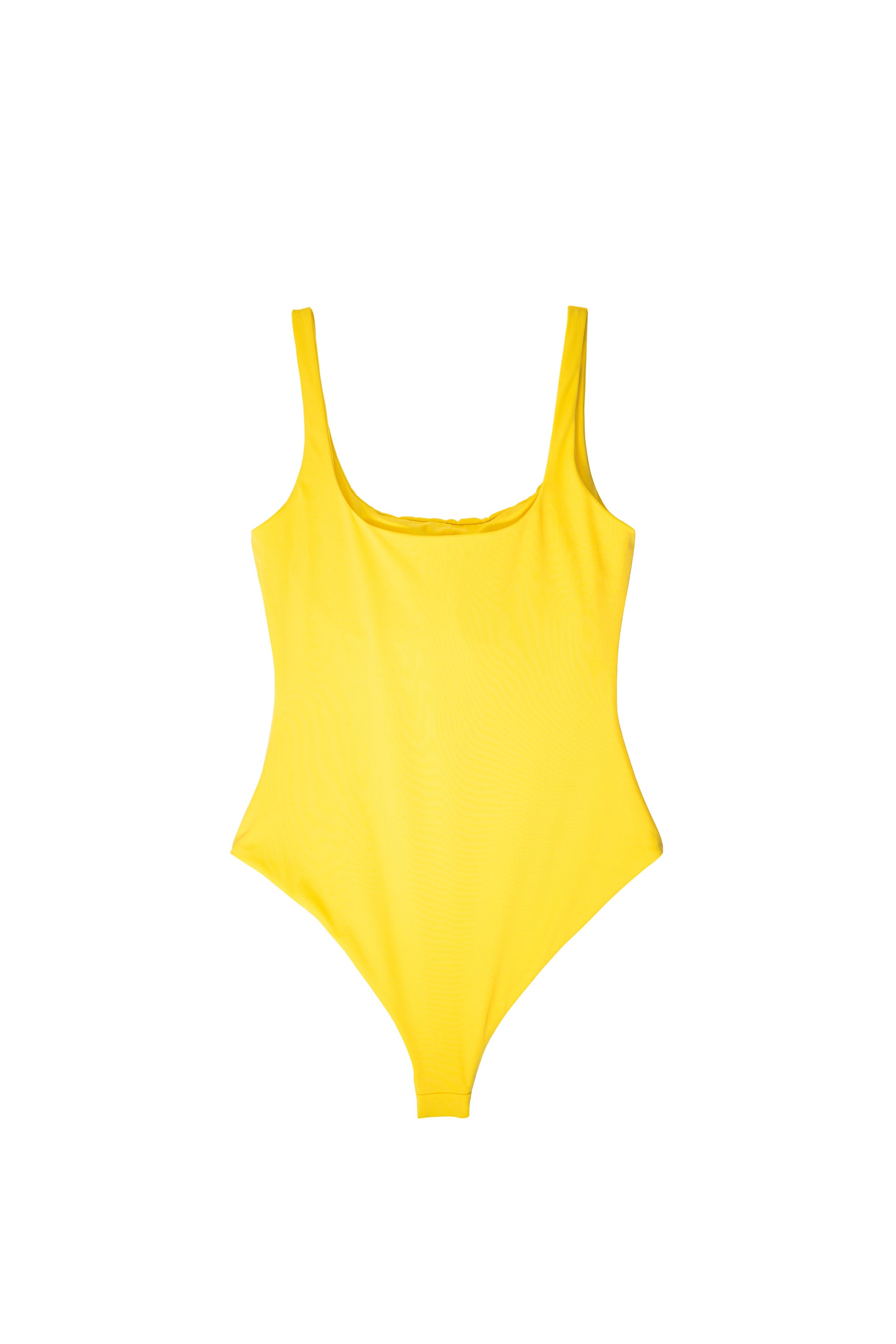 Calypso citrus yellow swimsuit front view showing high-cut leg line