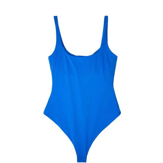 Calypso ocean blue swimsuit back view with wide shoulder straps