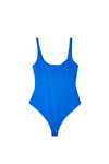 Calypso ocean blue swimsuit back view with wide shoulder straps