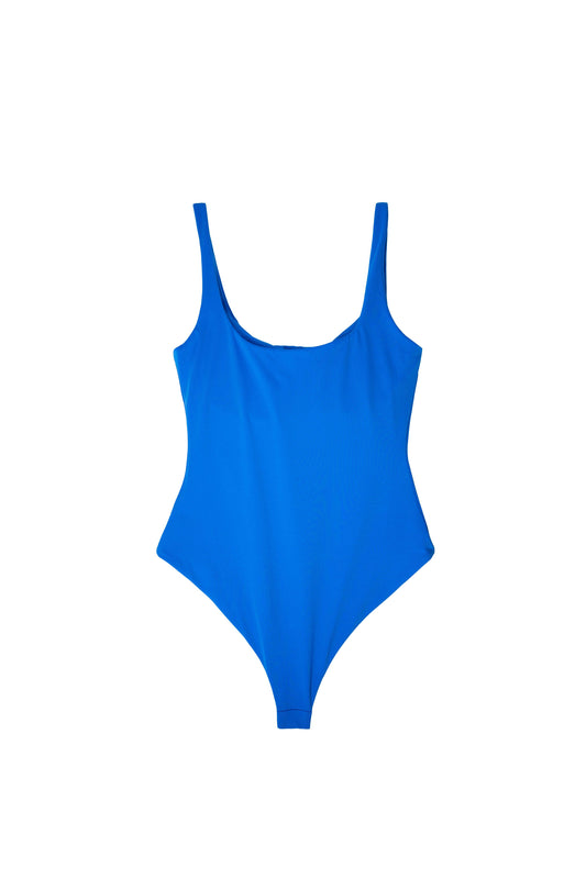 Calypso ocean blue swimsuit back view with wide shoulder straps