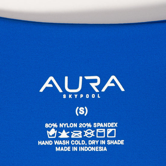 AURA Skypool care label on Calypso swimsuit, 80% nylon 20% spandex, made in Indonesia