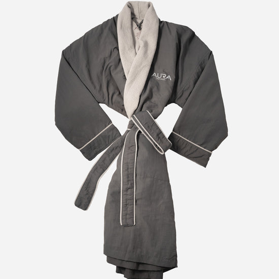 AURA Cosy Robe in charcoal grey with ivory shawl collar and tie belt