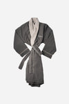 AURA Cosy Robe in charcoal grey with ivory shawl collar and tie belt
