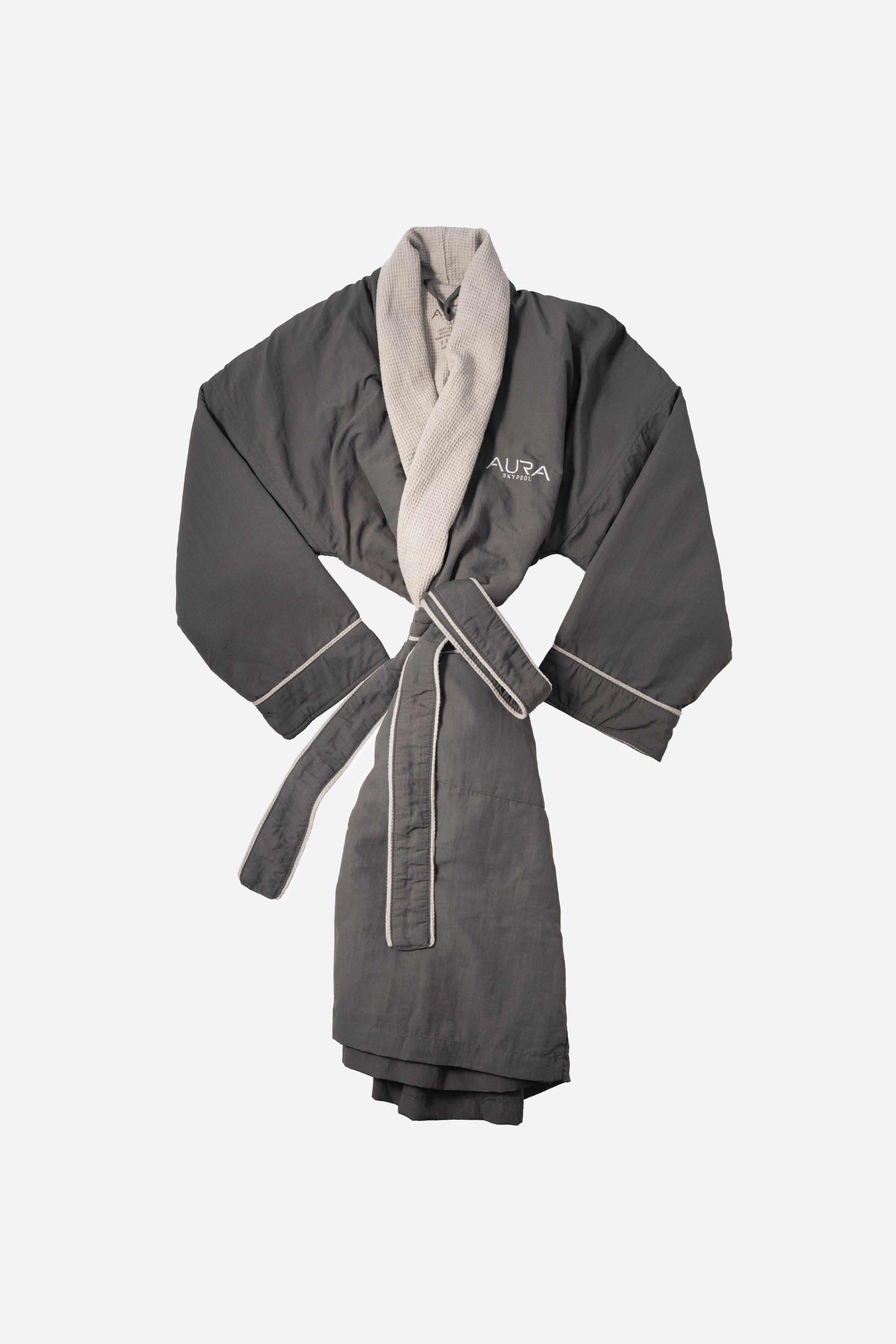 AURA Cosy Robe in charcoal grey with ivory shawl collar and tie belt