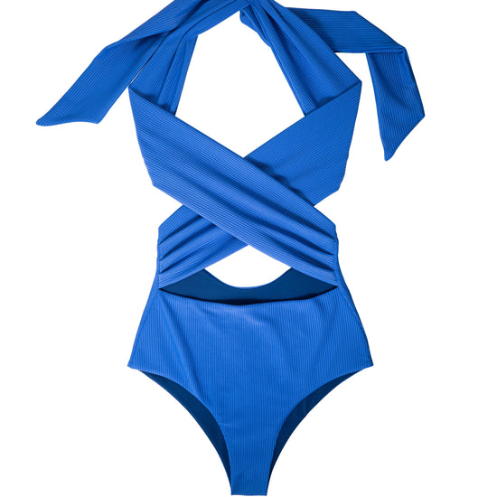 AURA Cote d'AURA one-piece swimsuit in indigo with wraparound tie and waist cutout
