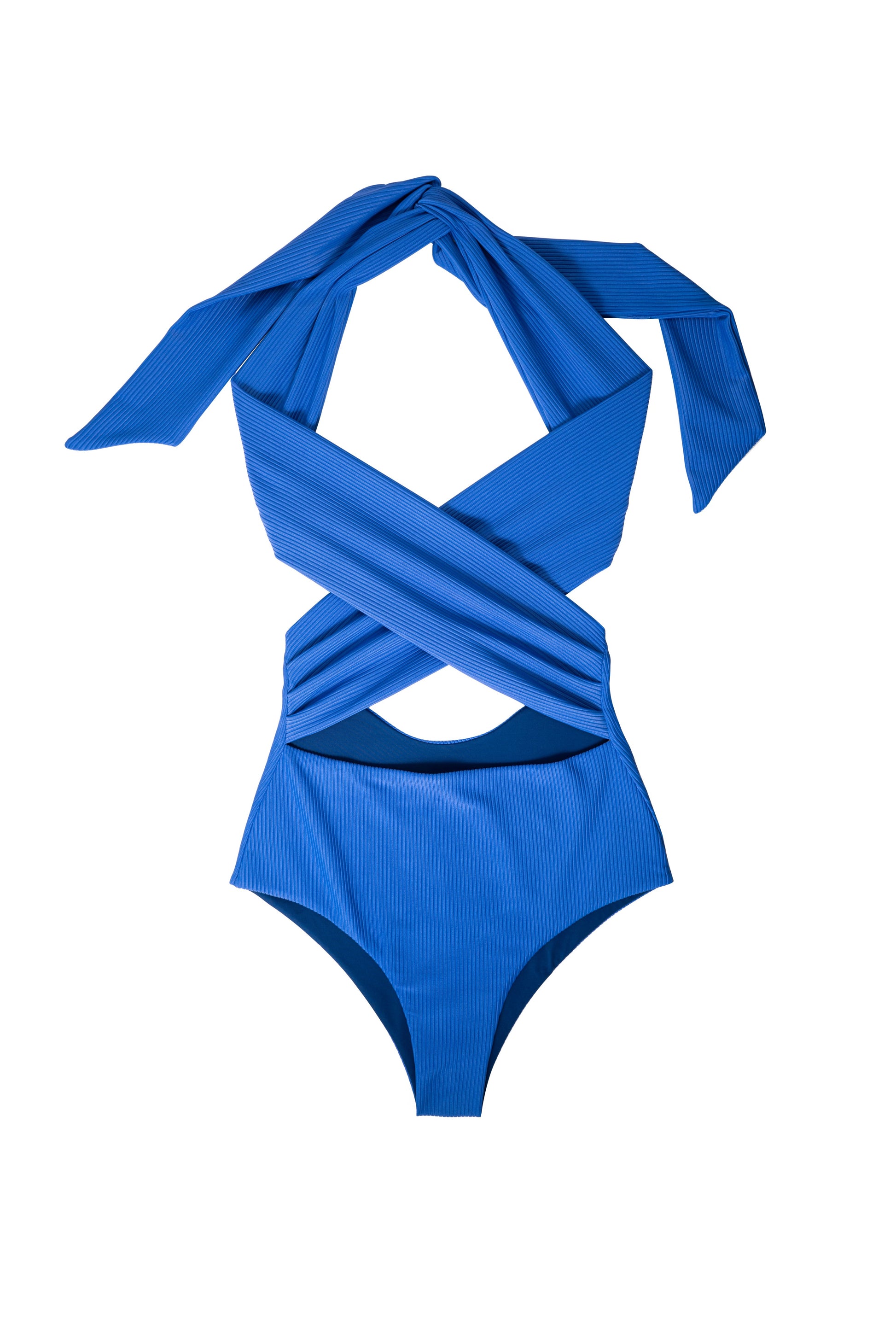 AURA Cote d'AURA one-piece swimsuit in indigo with wraparound tie and waist cutout