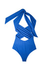Cote d'AURA indigo swimsuit showing crossover wrap and tie neck detail