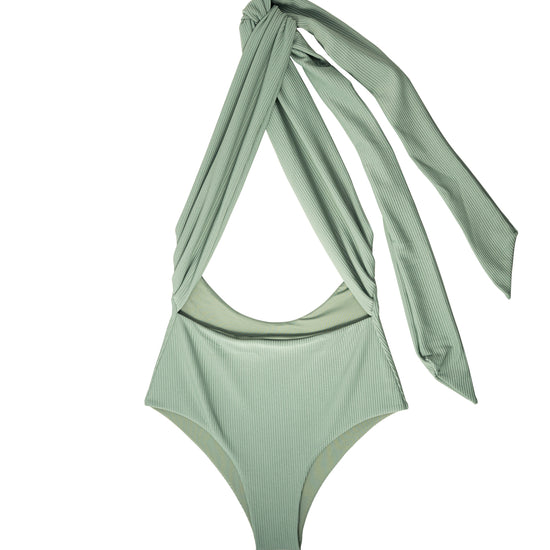 AURA Cote d'AURA one-piece swimsuit in sage green with wraparound tie neck