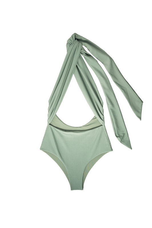 AURA Cote d'AURA one-piece swimsuit in sage green with wraparound tie neck