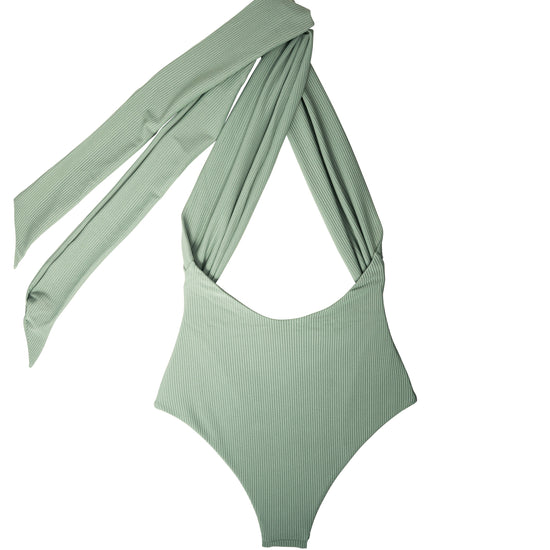 Cote d'AURA sage green swimsuit showing long draped tie detail