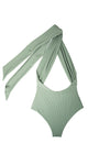 Cote d'AURA sage green swimsuit showing long draped tie detail