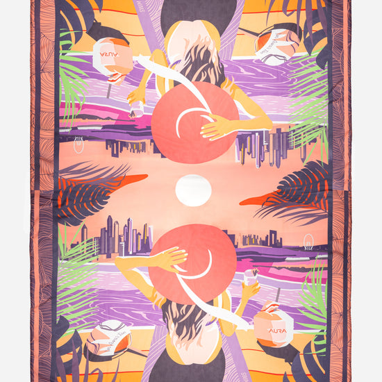 Dubai Skyline Sarong in coral, flat lay, full mirrored skyline print