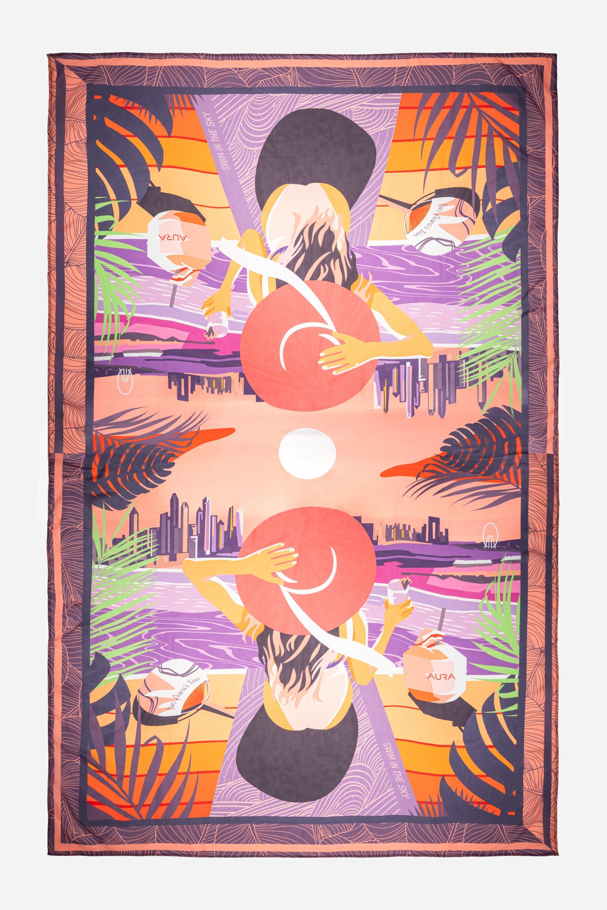 Dubai Skyline Sarong in coral, flat lay, full mirrored skyline print