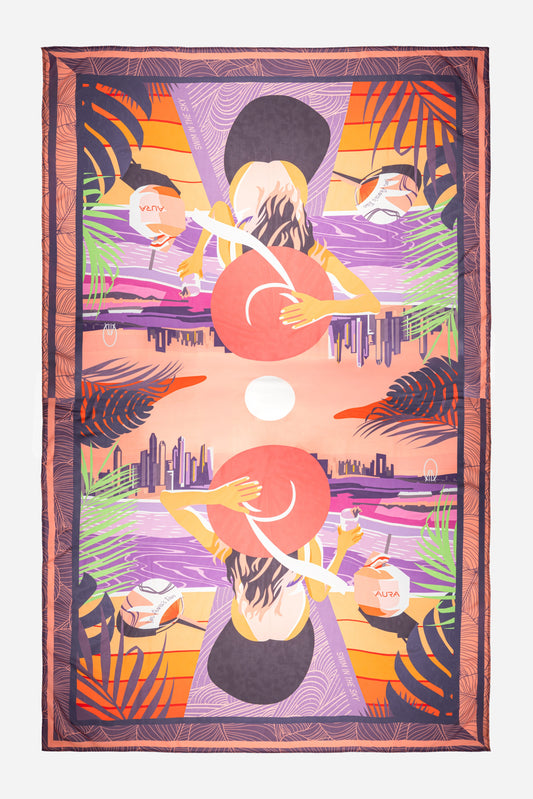 Dubai Skyline Sarong in coral, flat lay, full mirrored skyline print