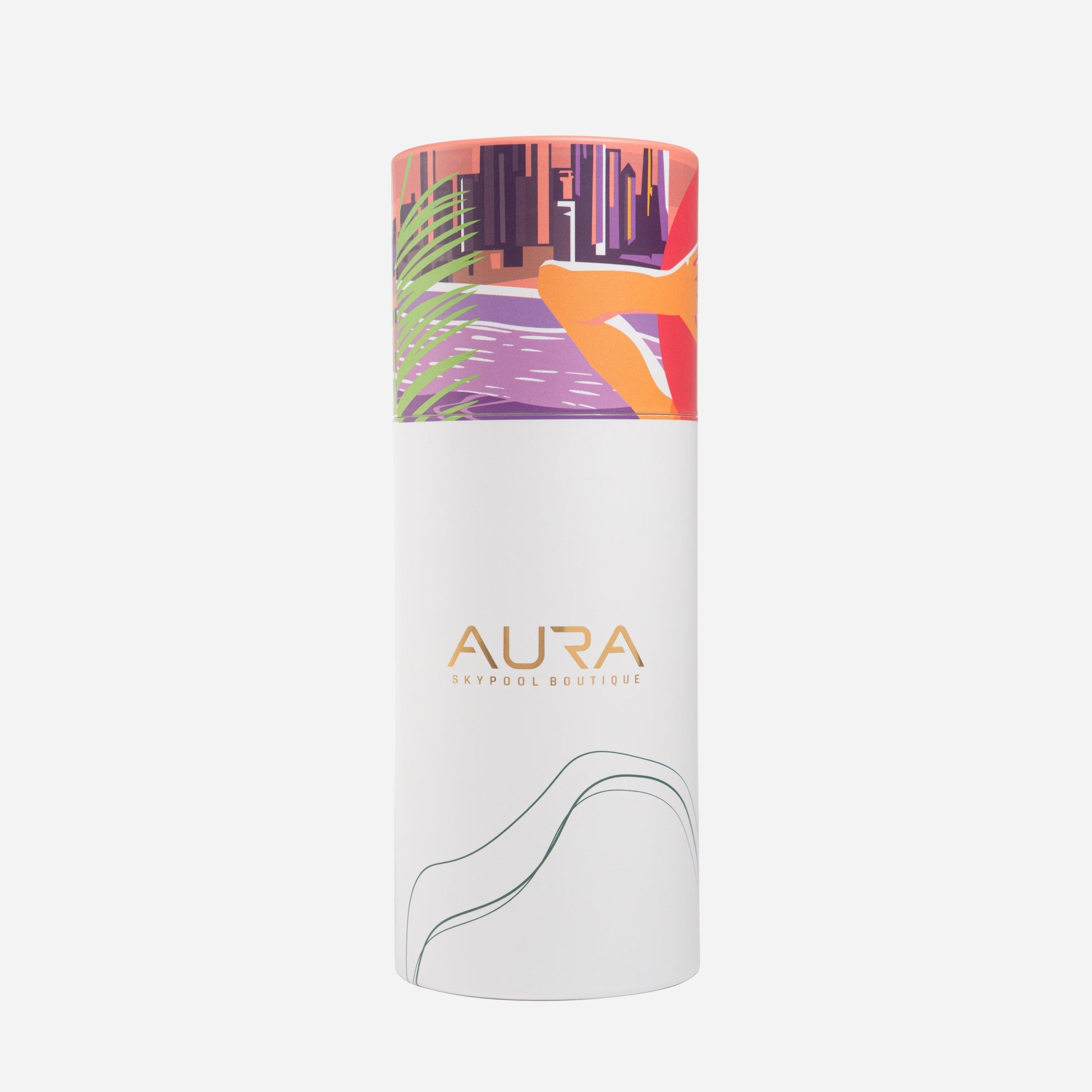 Dubai Skyline Sarong in coral, AURA Skypool Boutique tube packaging front with AURA logo and skyline print
