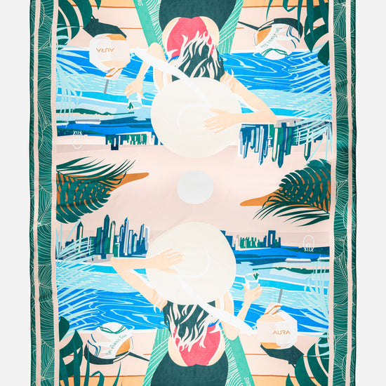 Dubai Skyline Sarong in green, flat lay, full mirrored skyline print