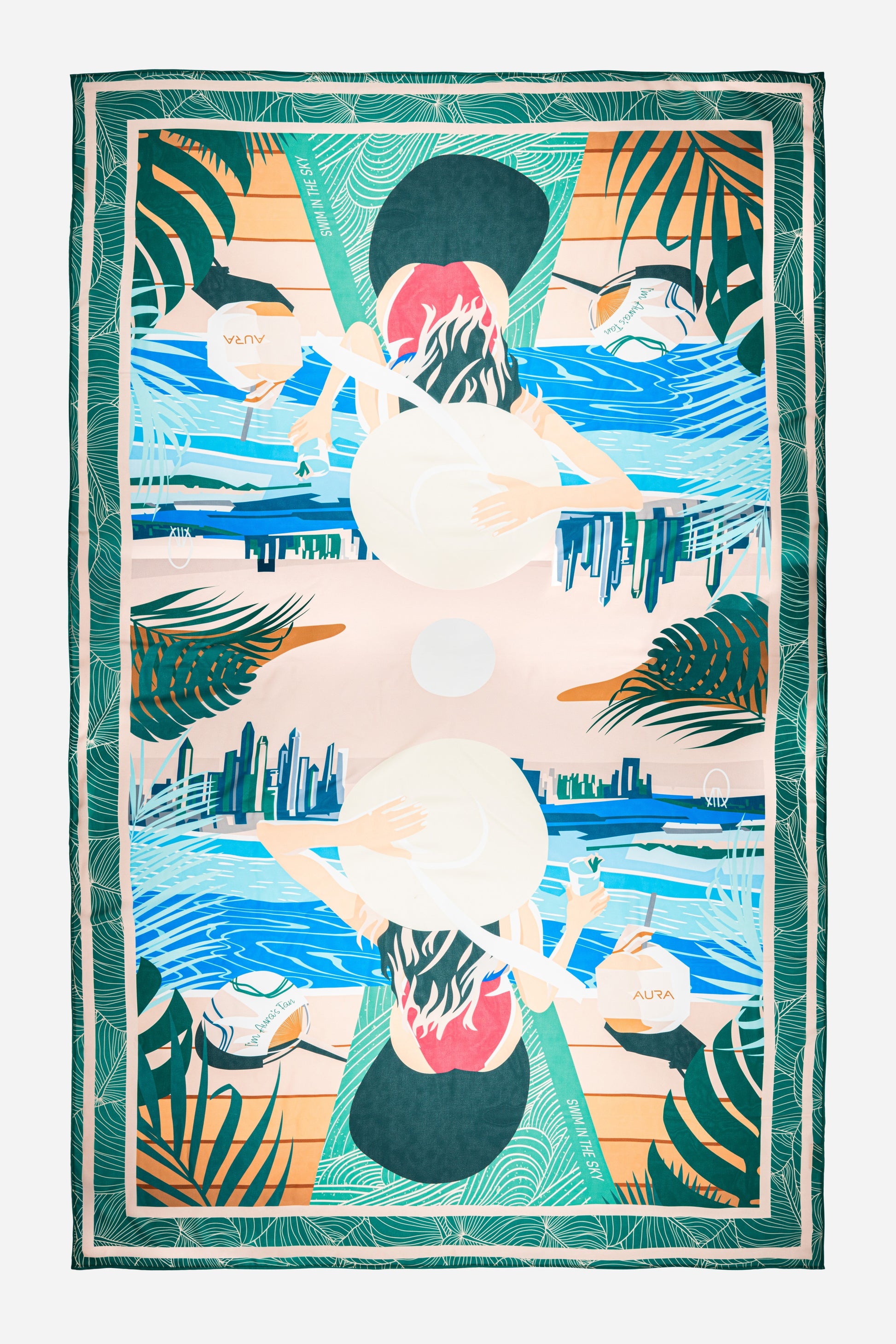 Dubai Skyline Sarong in green, flat lay, full mirrored skyline print